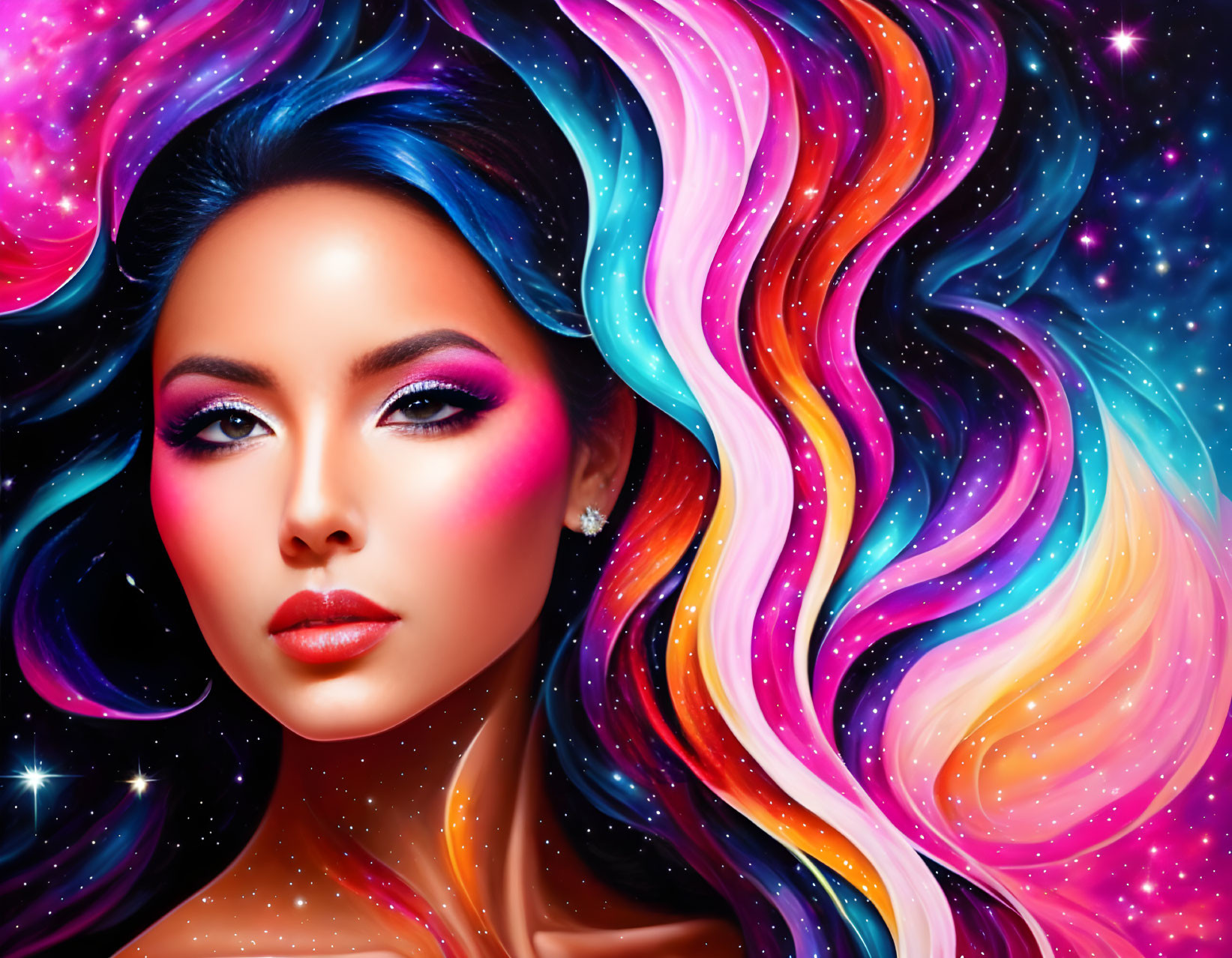 Cosmic-colored hair blending into starry space background with dazzling makeup