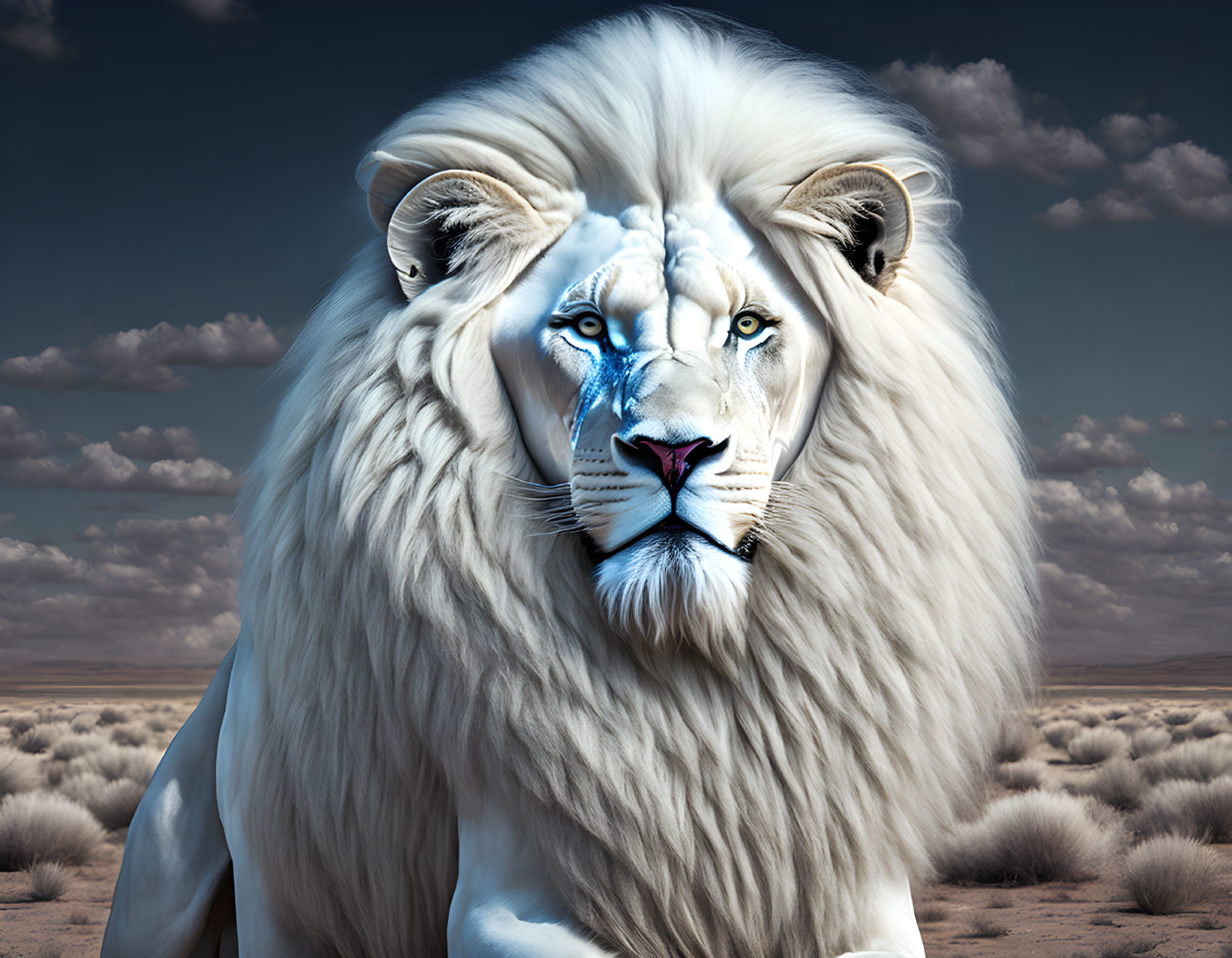 White lion with lush mane in desert landscape under partly cloudy sky