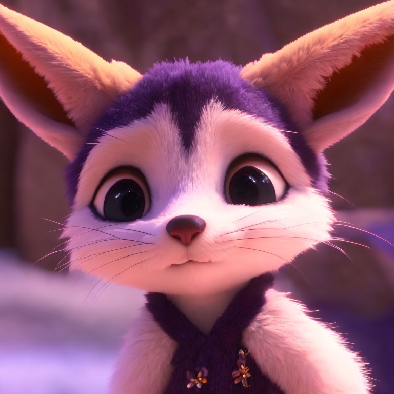 Detailed close-up of animated kitten with expressive eyes, prominent ears, and mask-like fur pattern on purple