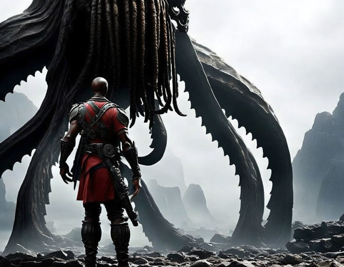 Bald man in red armor faces tentacled creature on rocky terrain