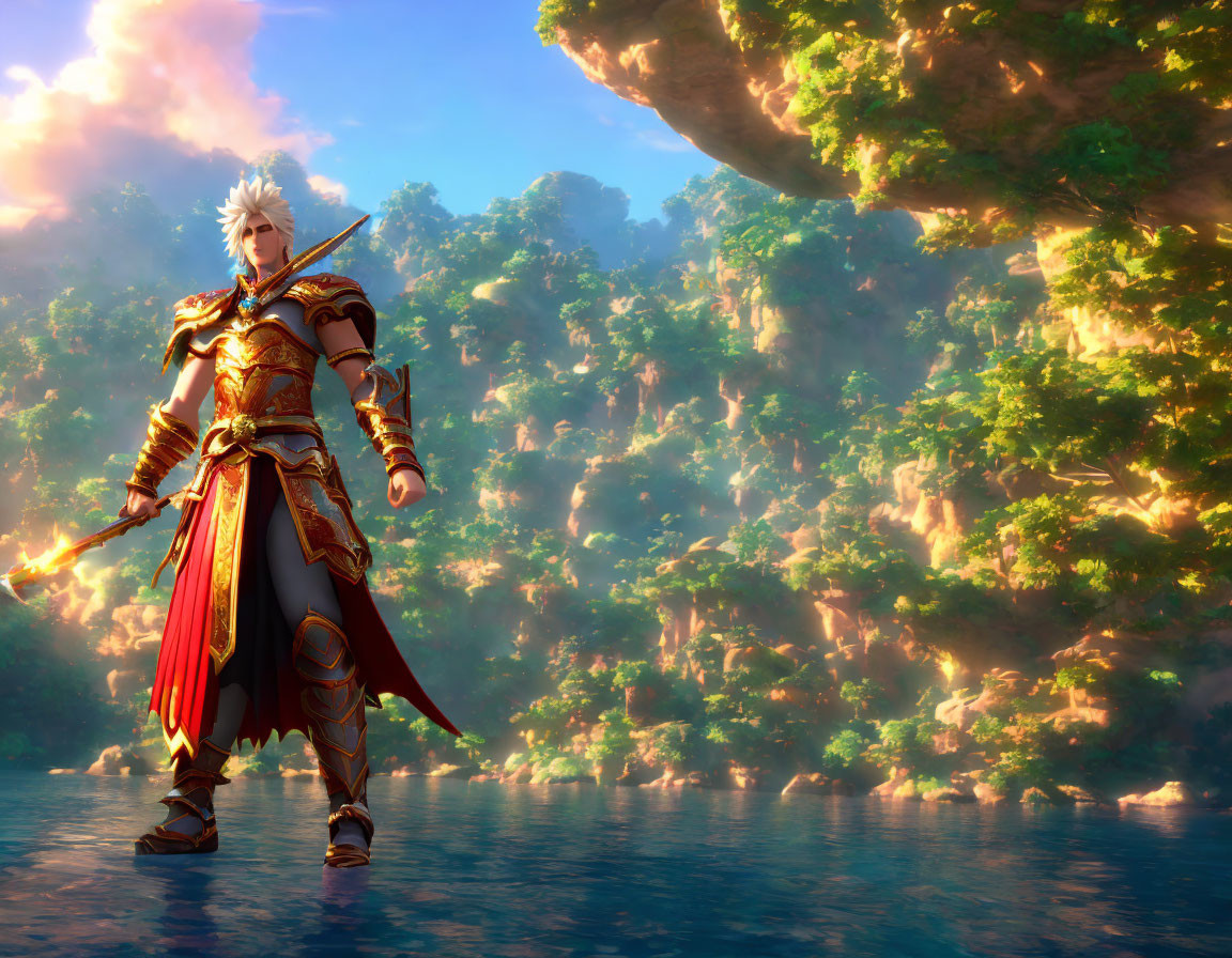 Armored white-haired elf by forest river in tranquil fantasy landscape
