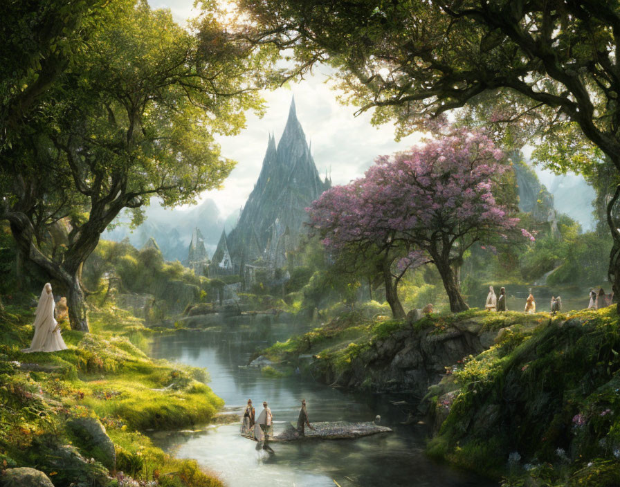 Fantasy landscape with individuals in robes, pink tree, river, and castle