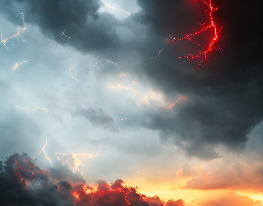 Dark clouds and lightning bolts in dramatic sky during powerful thunderstorm