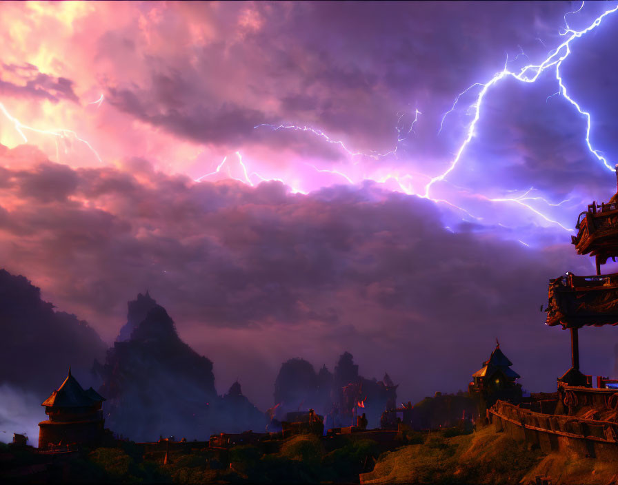 Intense purple lightning over ancient Asian-style structures in misty mountains