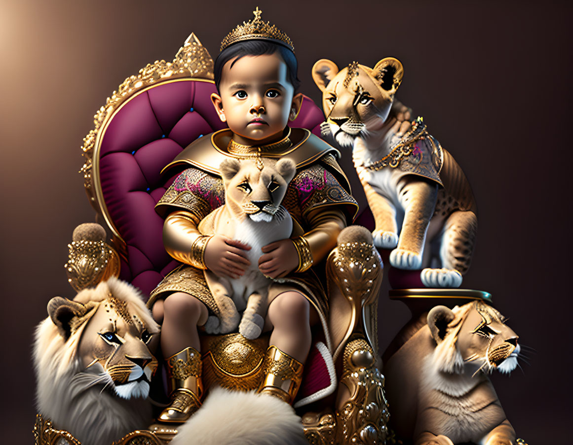 Toddler in regal attire on throne with lions in golden adornments