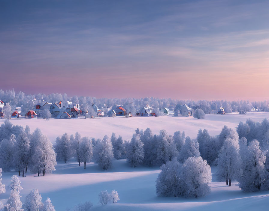 Snow-covered winter landscape at dusk with pink and blue sky hues