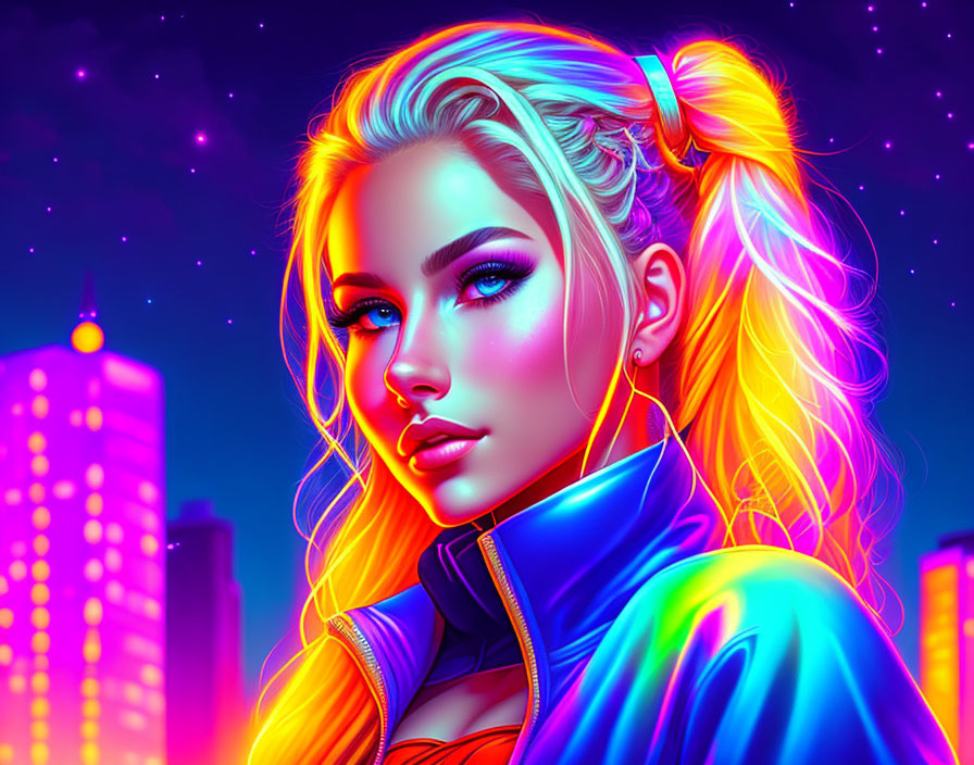 Neon-haired woman in cyberpunk cityscape at night