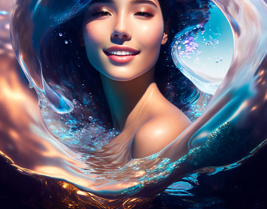 Surreal portrait of smiling woman with swirling hair and water against cosmic backdrop