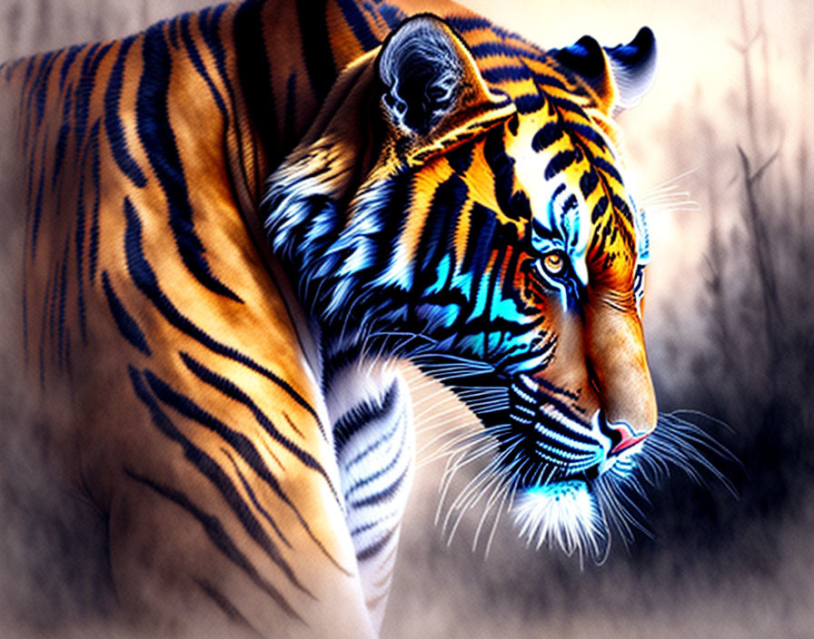 Detailed Tiger Illustration with Blue Whiskers in Forest Setting