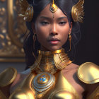 Intricate portrait of woman in golden armor and jewelry