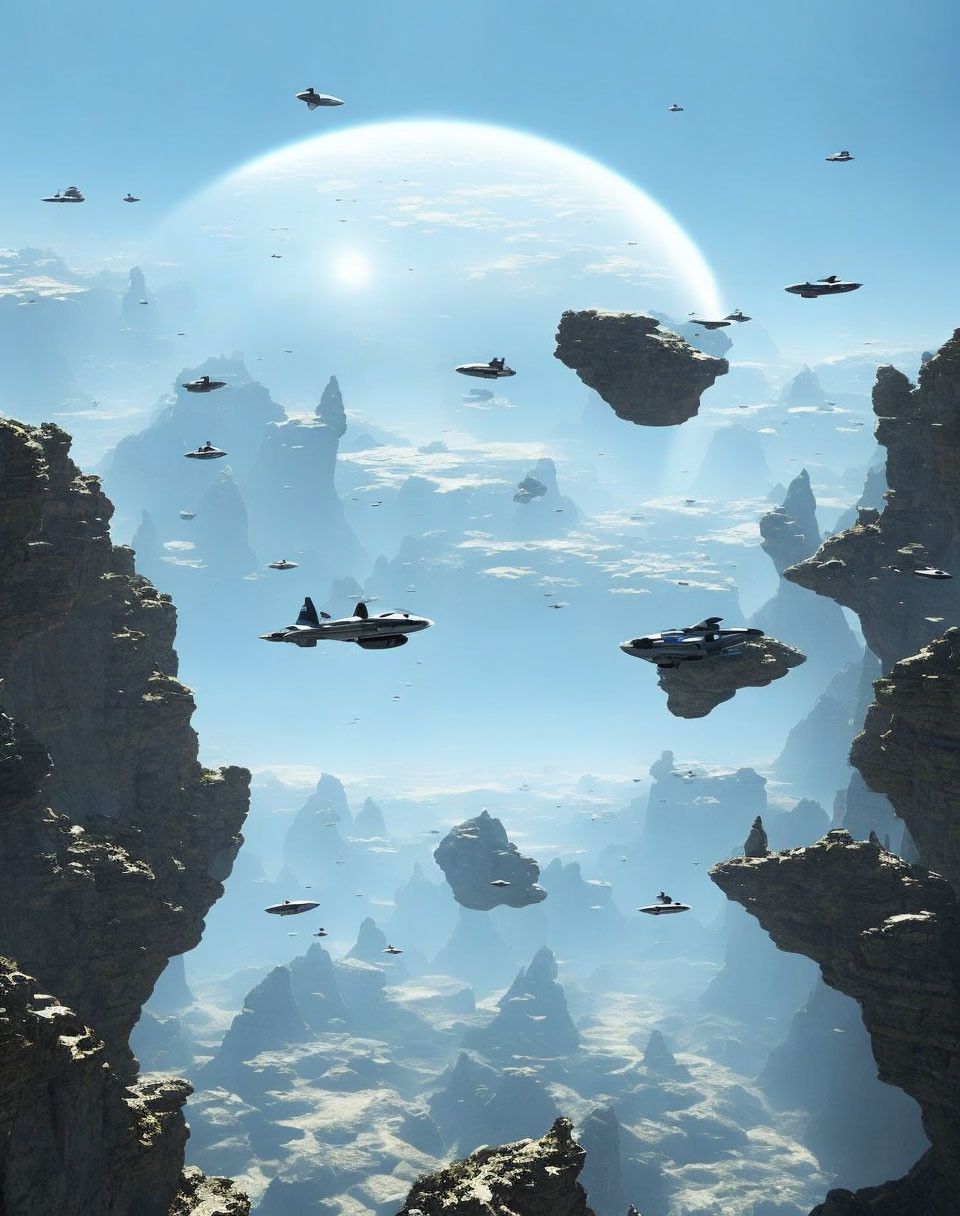 Futuristic aircrafts soar among towering rock pillars in vast sky.