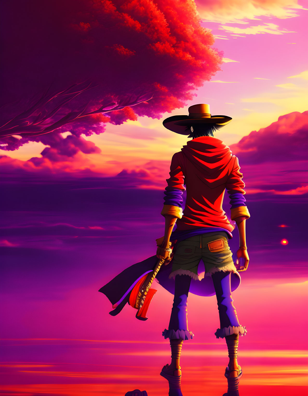 Character in Straw Hat and Red Attire Contemplates Sunset with Sword by Water