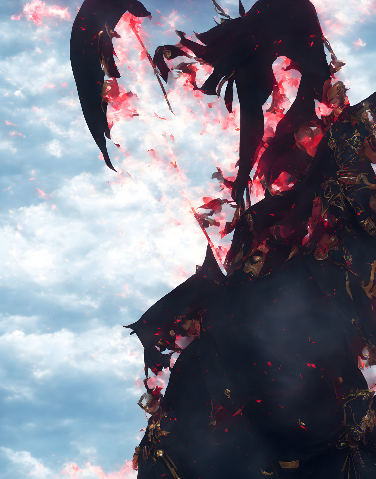 Dark dragon-like creature disintegrating in fiery sky