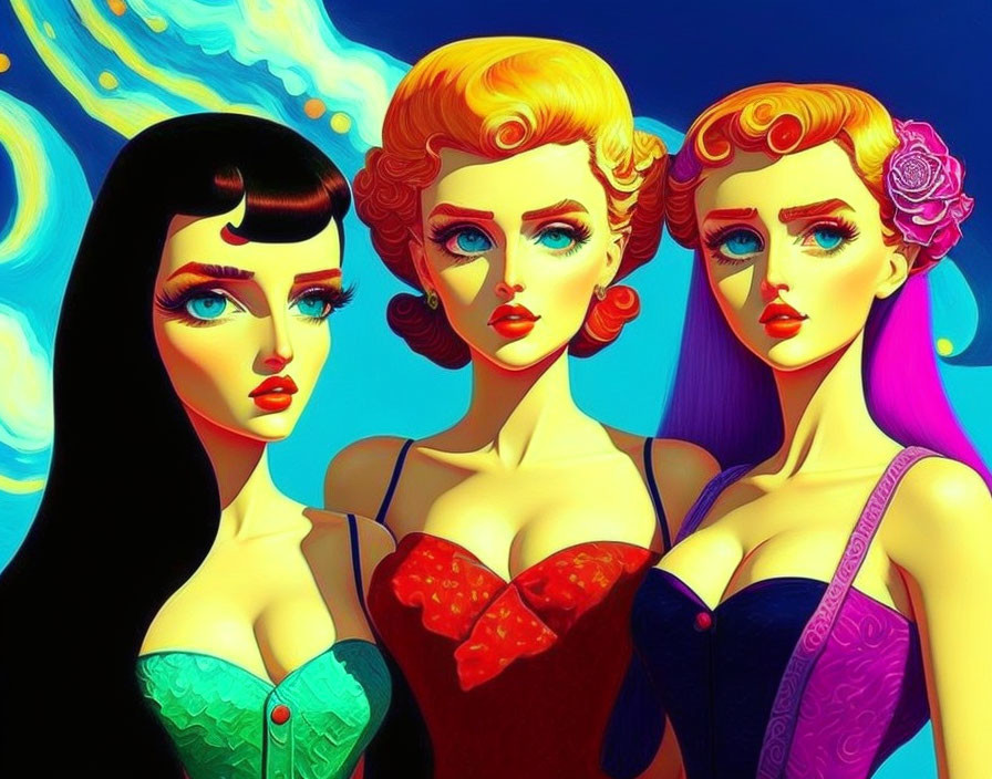 Vibrant female characters with retro hairstyles in colorful dresses on abstract blue backdrop