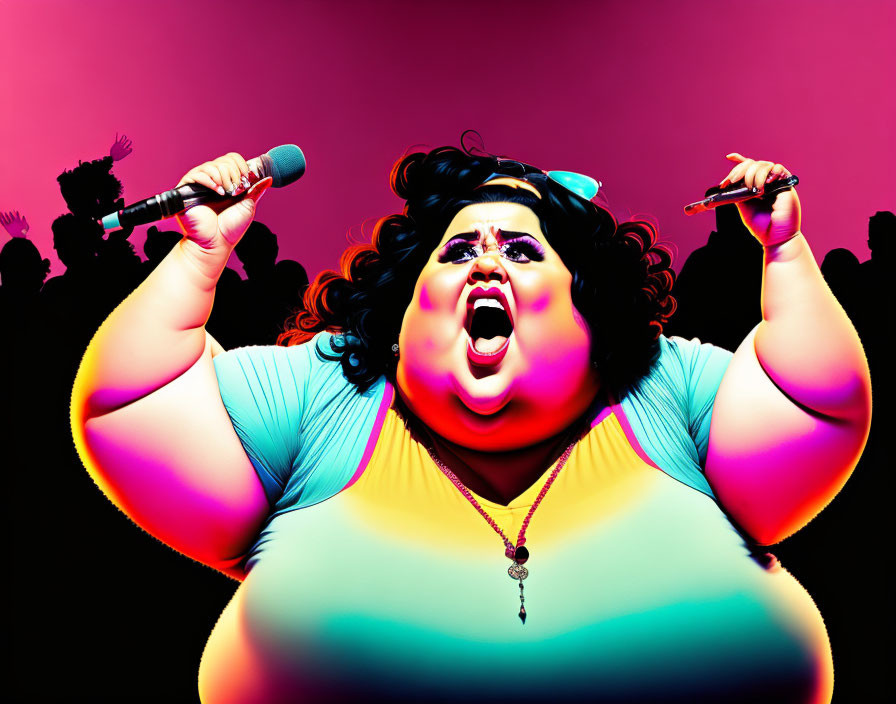 Colorful Illustration: Woman Singing with Microphone on Pink and Purple Background