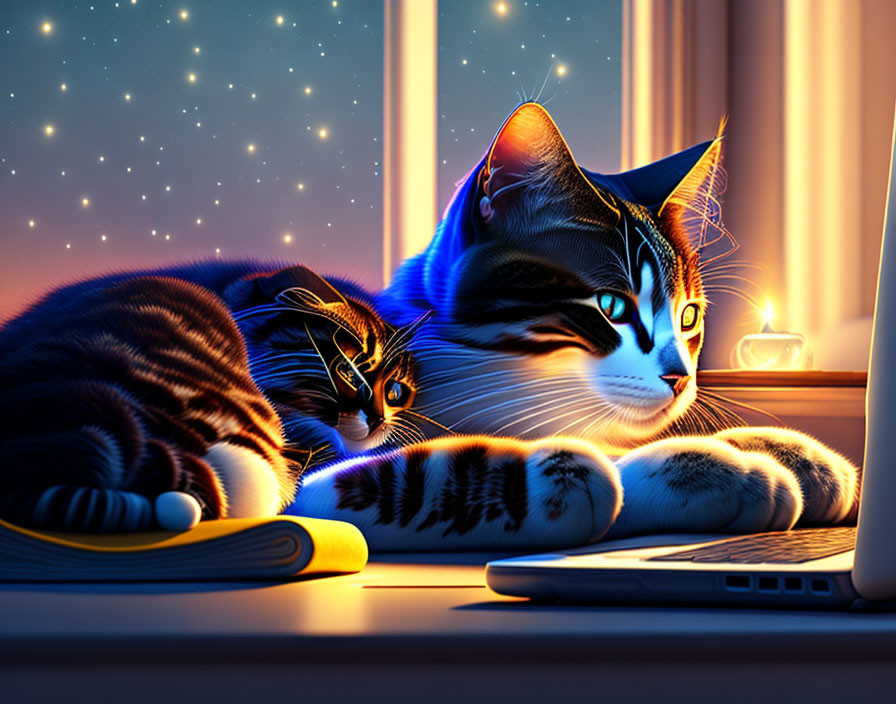 Two cats by a night window, one watching laptop, the other resting under stars