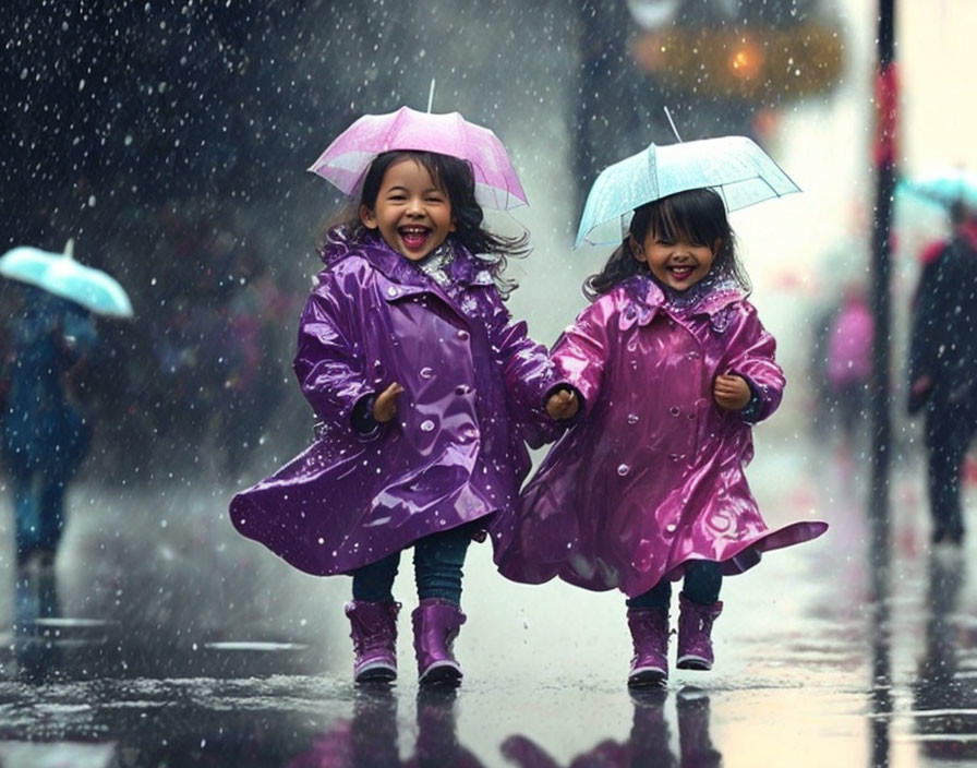 Children in matching purple raincoats laughing under rain with umbrellas