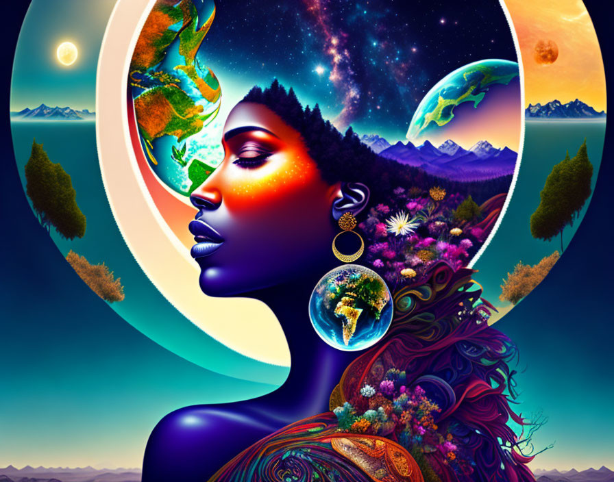 Colorful Woman Silhouette with Cosmic and Nature Elements