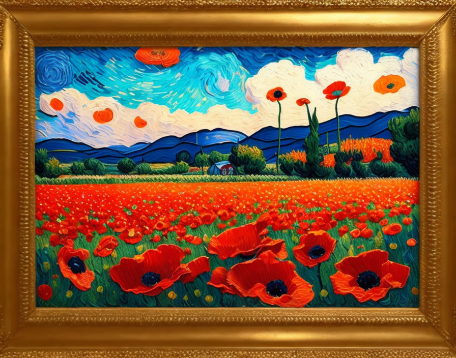 Vibrant painting of red poppies under blue sky in golden frame