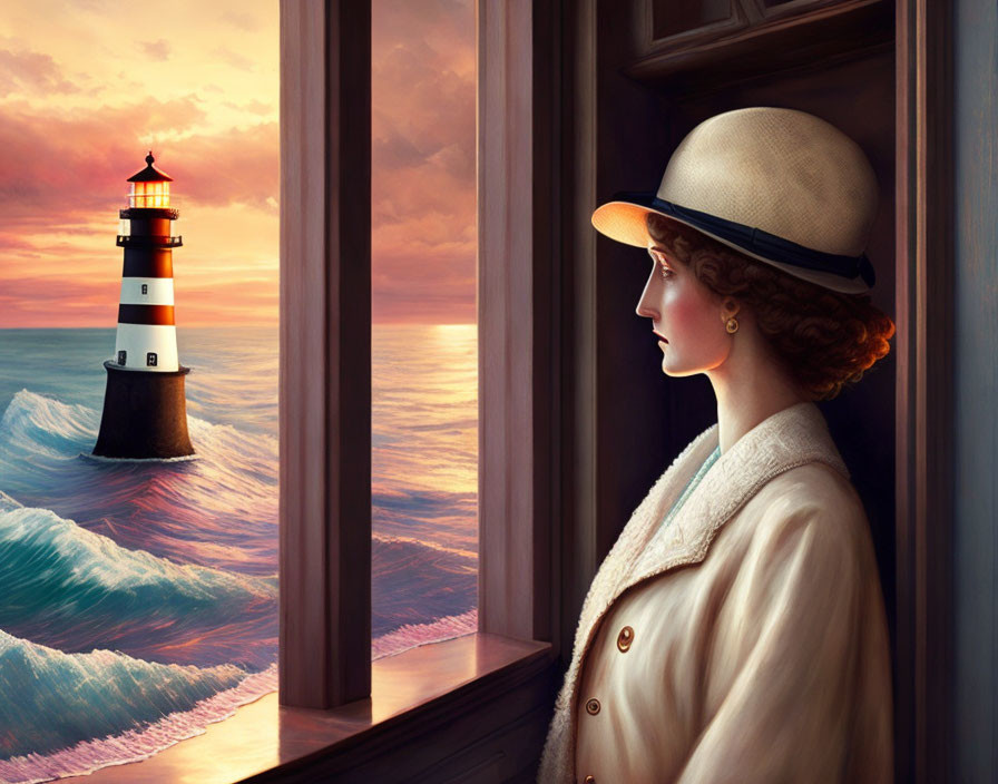 Vintage-dressed woman gazes at seaside lighthouse during sunset