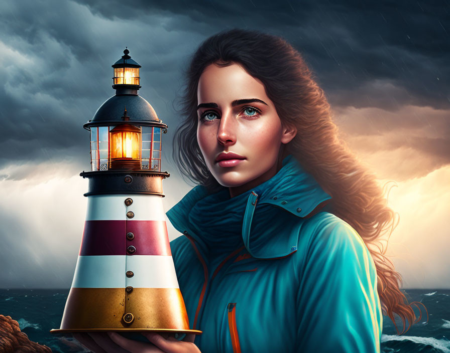 Striking woman holding lit lighthouse model in stormy sky