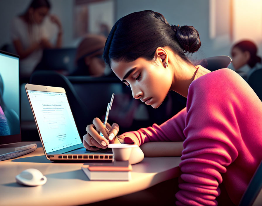 Focused woman working on laptop in dimly lit room with others, taking notes and using mouse beside coffee