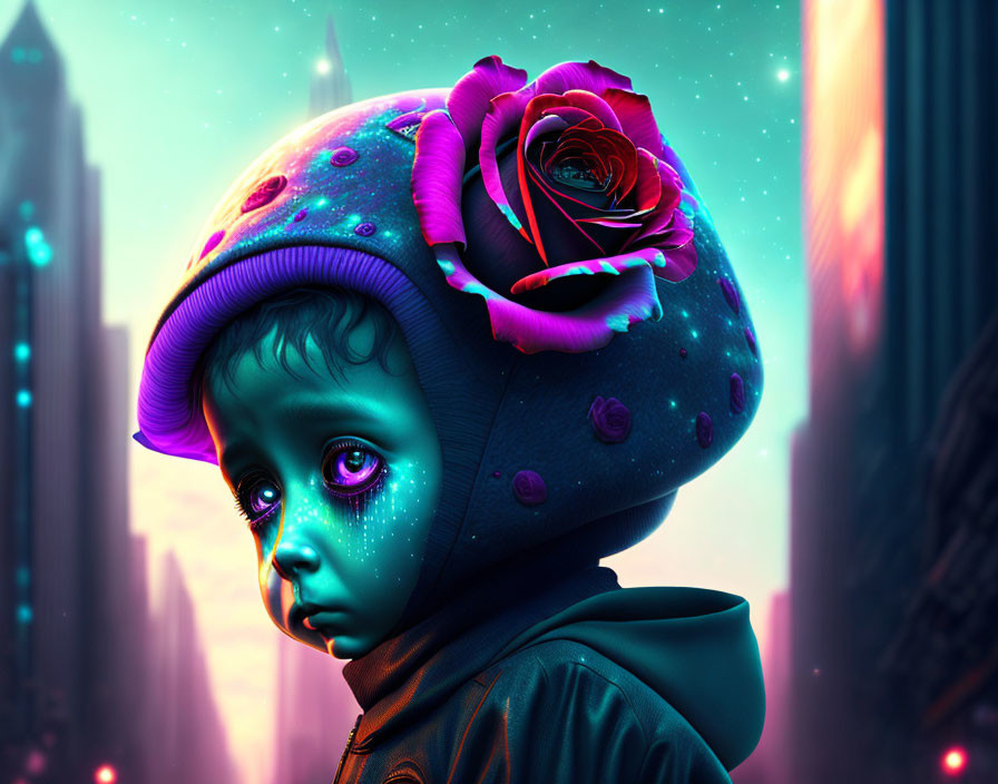 Colorful digital artwork featuring child in cosmic helmet with rose in neon-lit cityscape