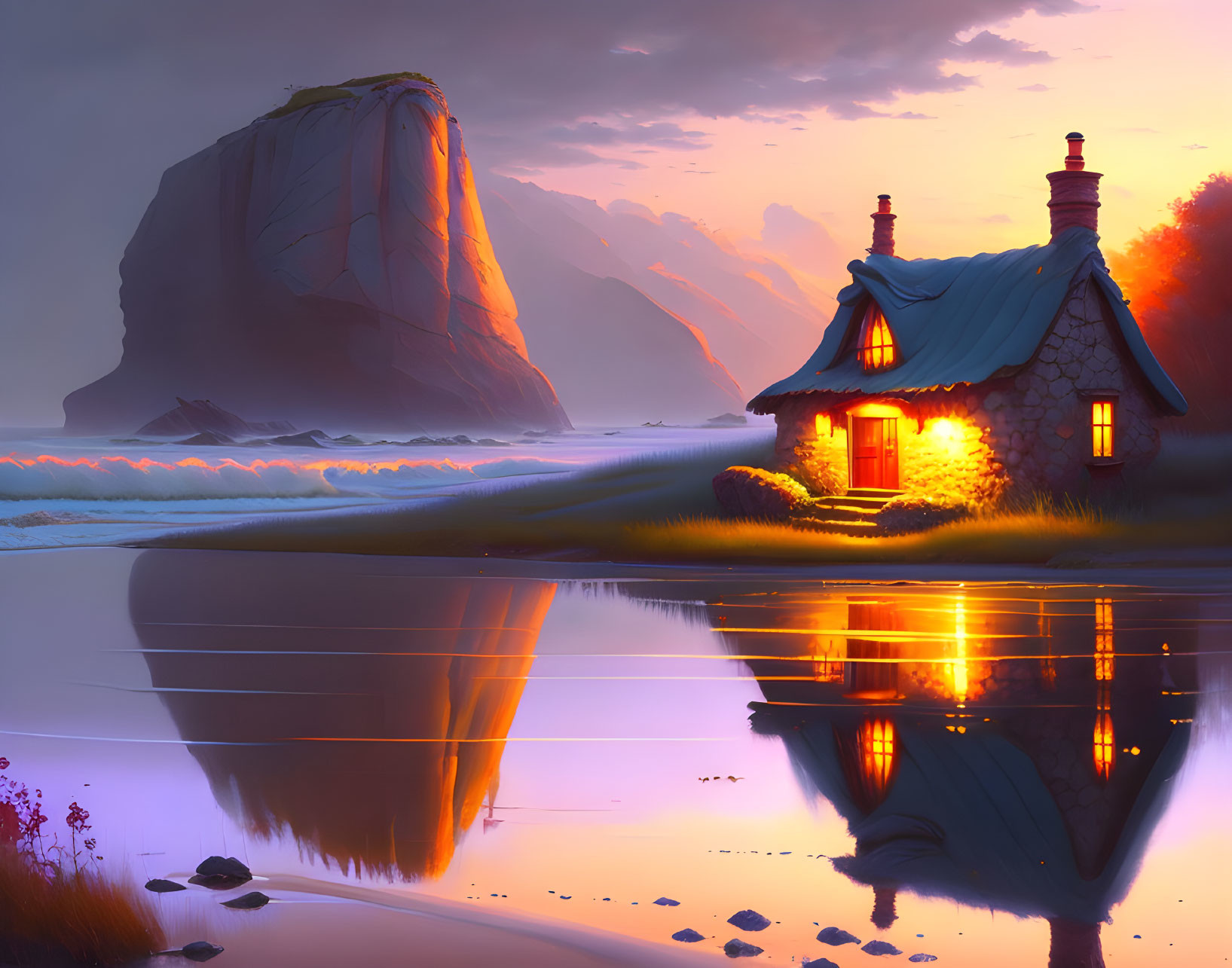 Tranquil seaside dusk with cozy cottage by reflective shoreline