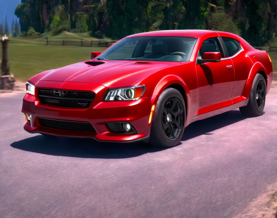 Bright Red Sports Coupe on Sunny Road with Sleek Lines and Black Accents