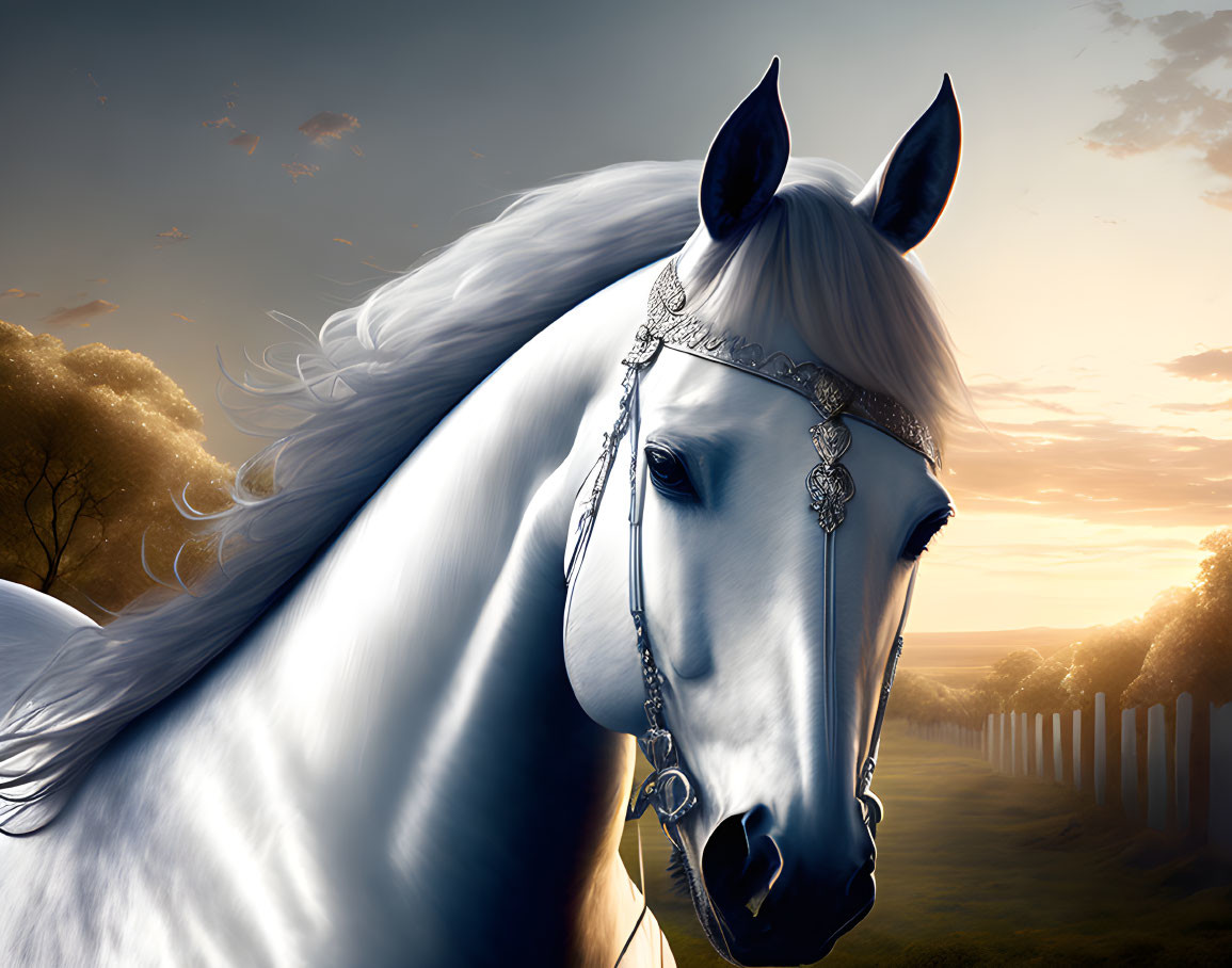 White horse with bridle in sunset landscape with clouds and fence