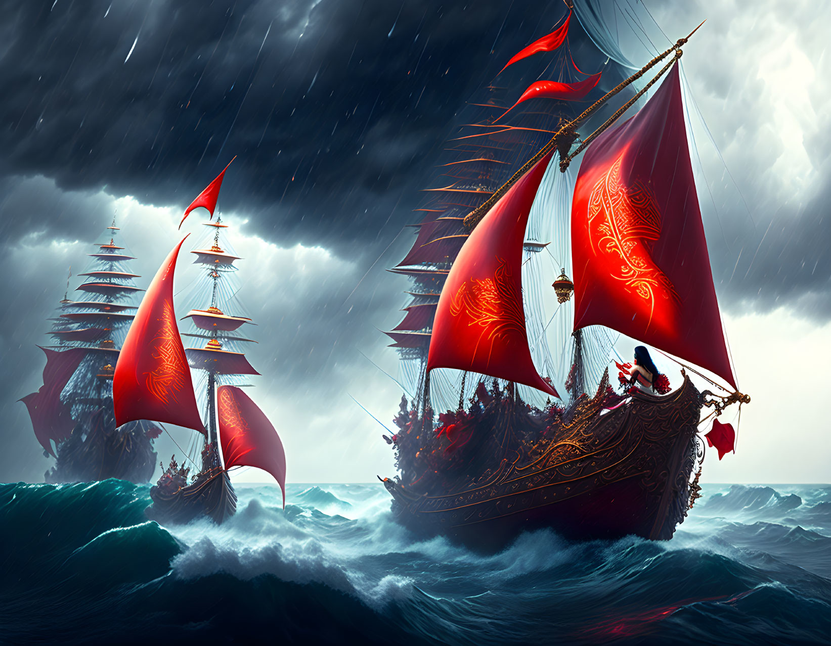 Three majestic ships with red sails in stormy seas.