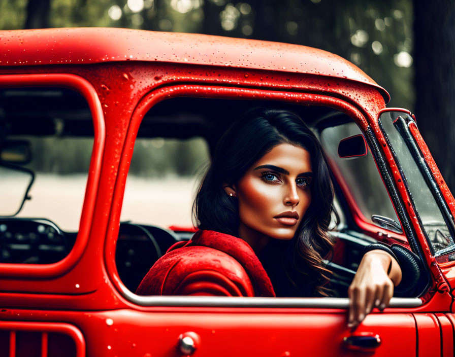 Woman with striking features in red vintage car with raindrops.