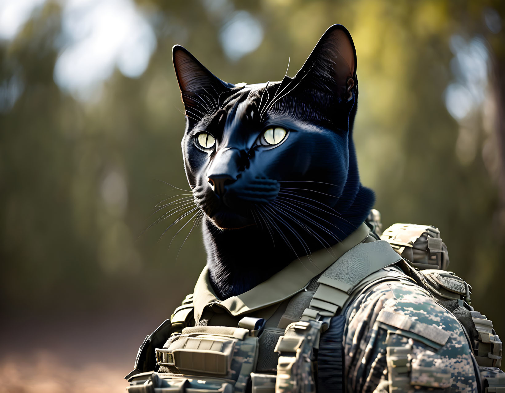 Black Cat with Yellow Eyes in Military Camouflage Attire and Tactical Gear