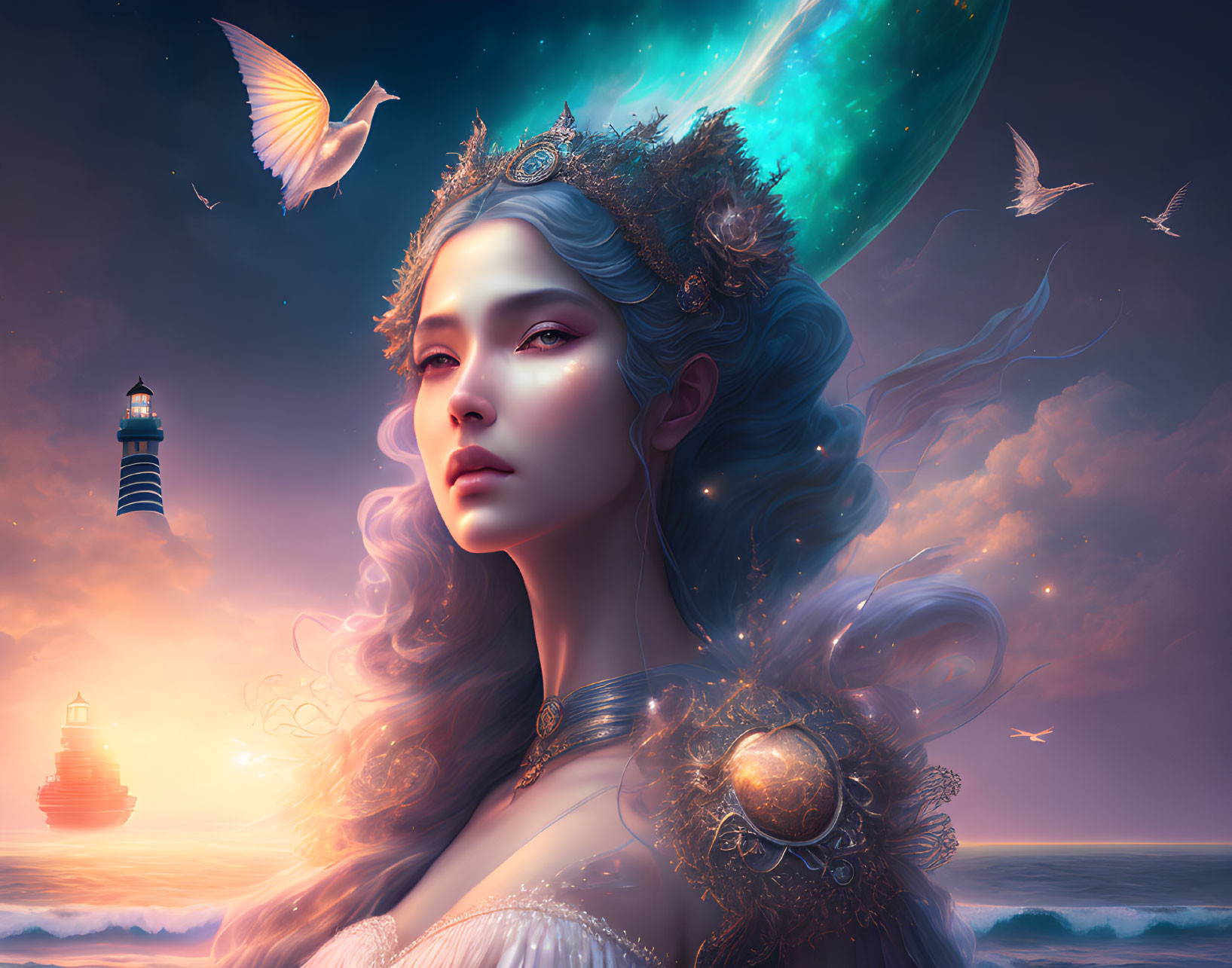 Fantasy portrait featuring woman with elaborate headdress, glowing birds, comet, lighthouse, ship at