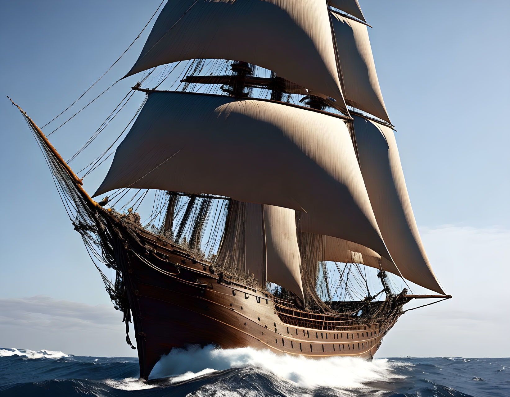 Tall ship with billowing sails on open ocean waters