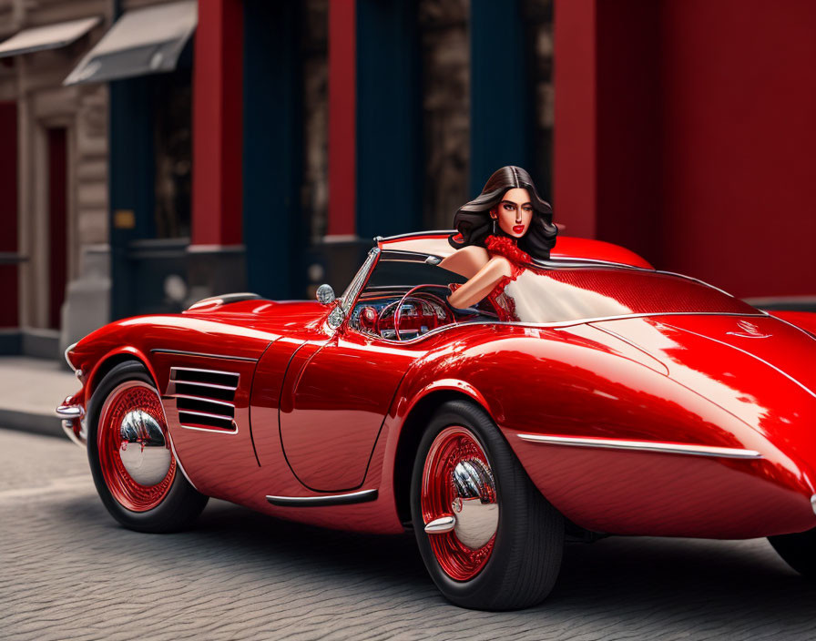 Woman in Red Dress Driving Classic Red Convertible on City Street