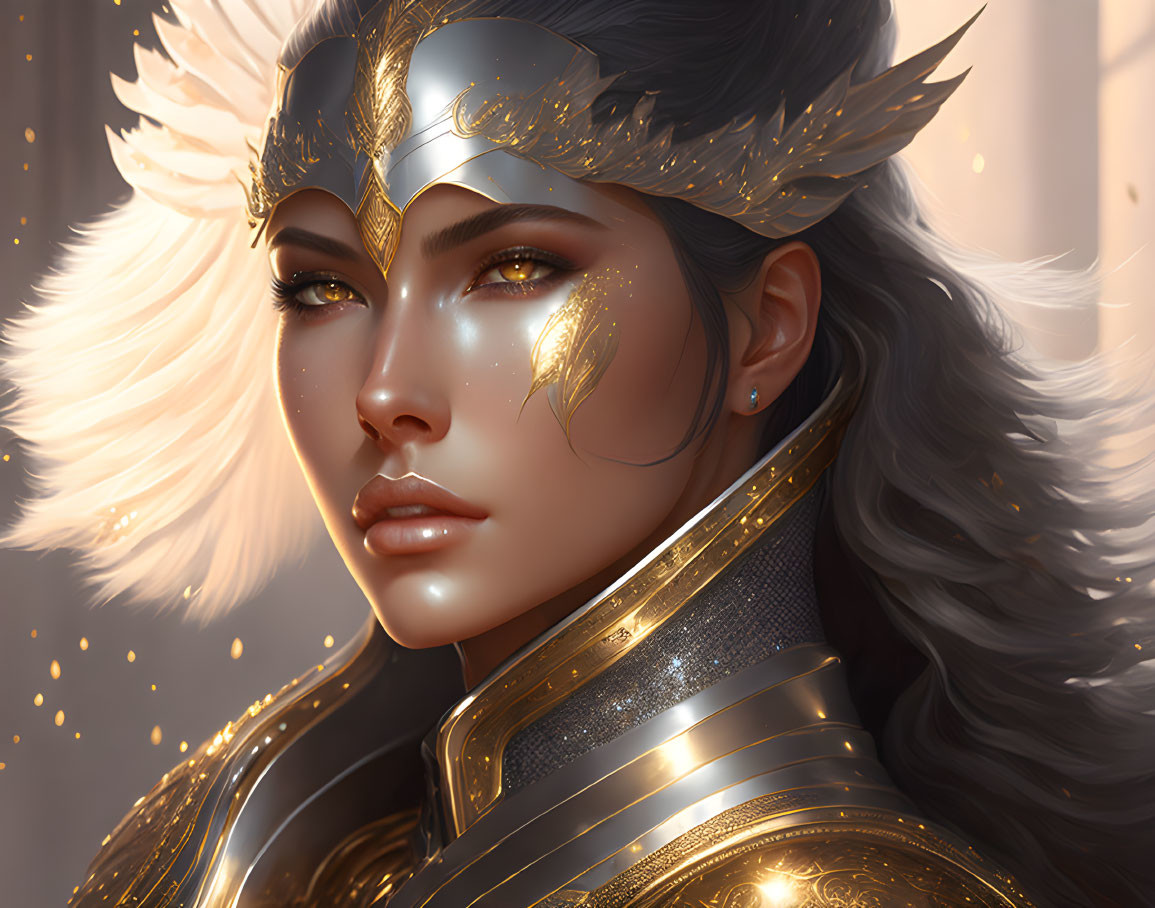 Digital art portrait featuring woman in golden armor with feathers and warm light.