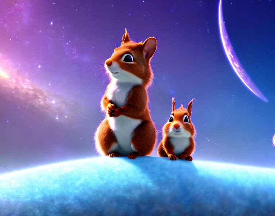 Two animated squirrels under starlit sky with crescent moon on blue surface