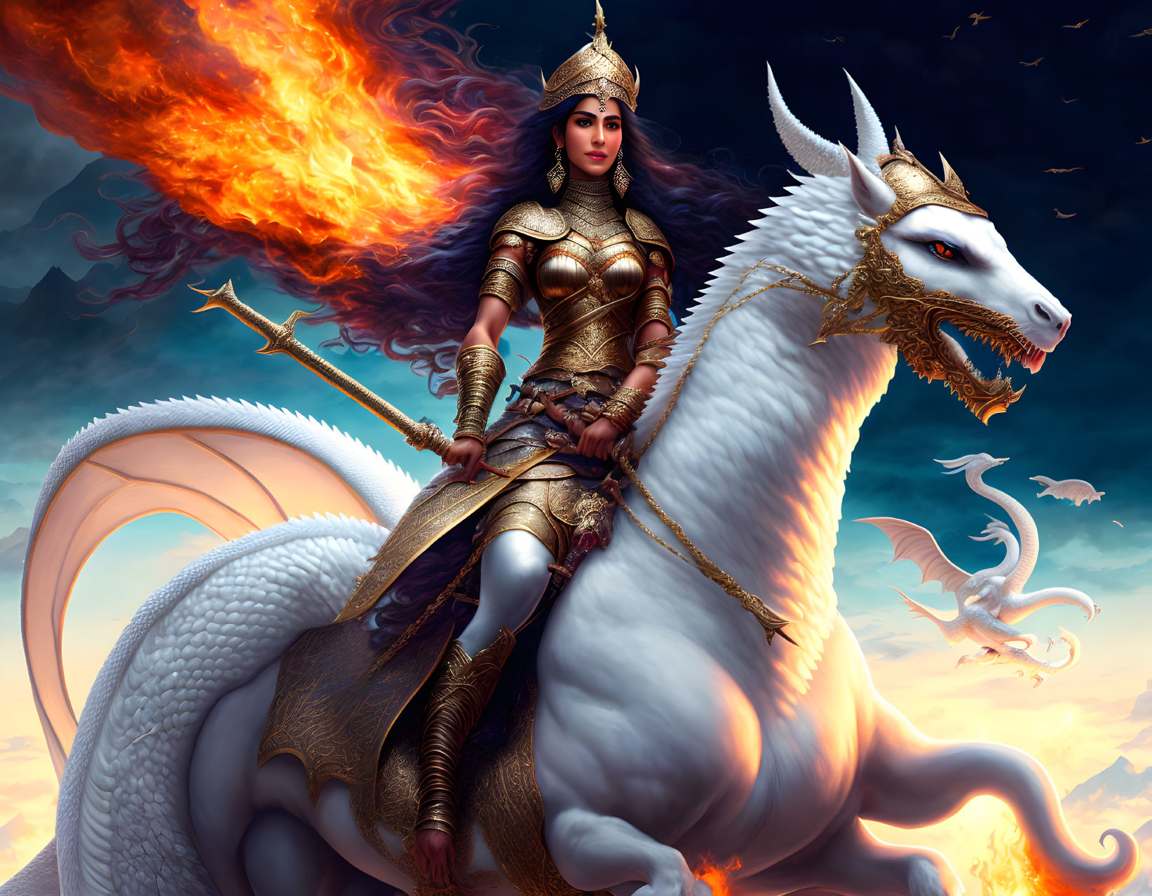 warrior princess riding a white dragon