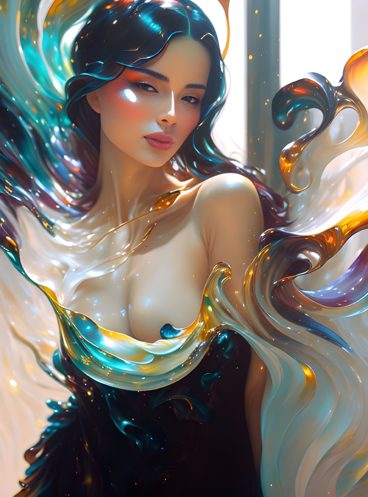 Iridescent hair woman in digital art with fantastical aura