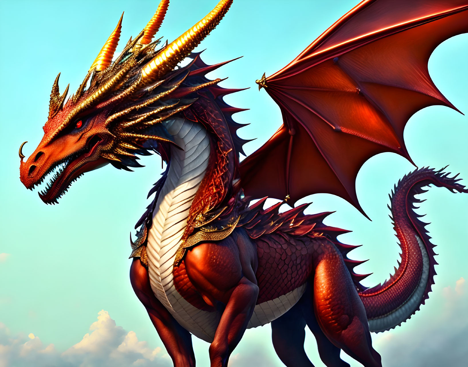 Red Dragon with Large Wings and Golden Horns in Clear Blue Sky