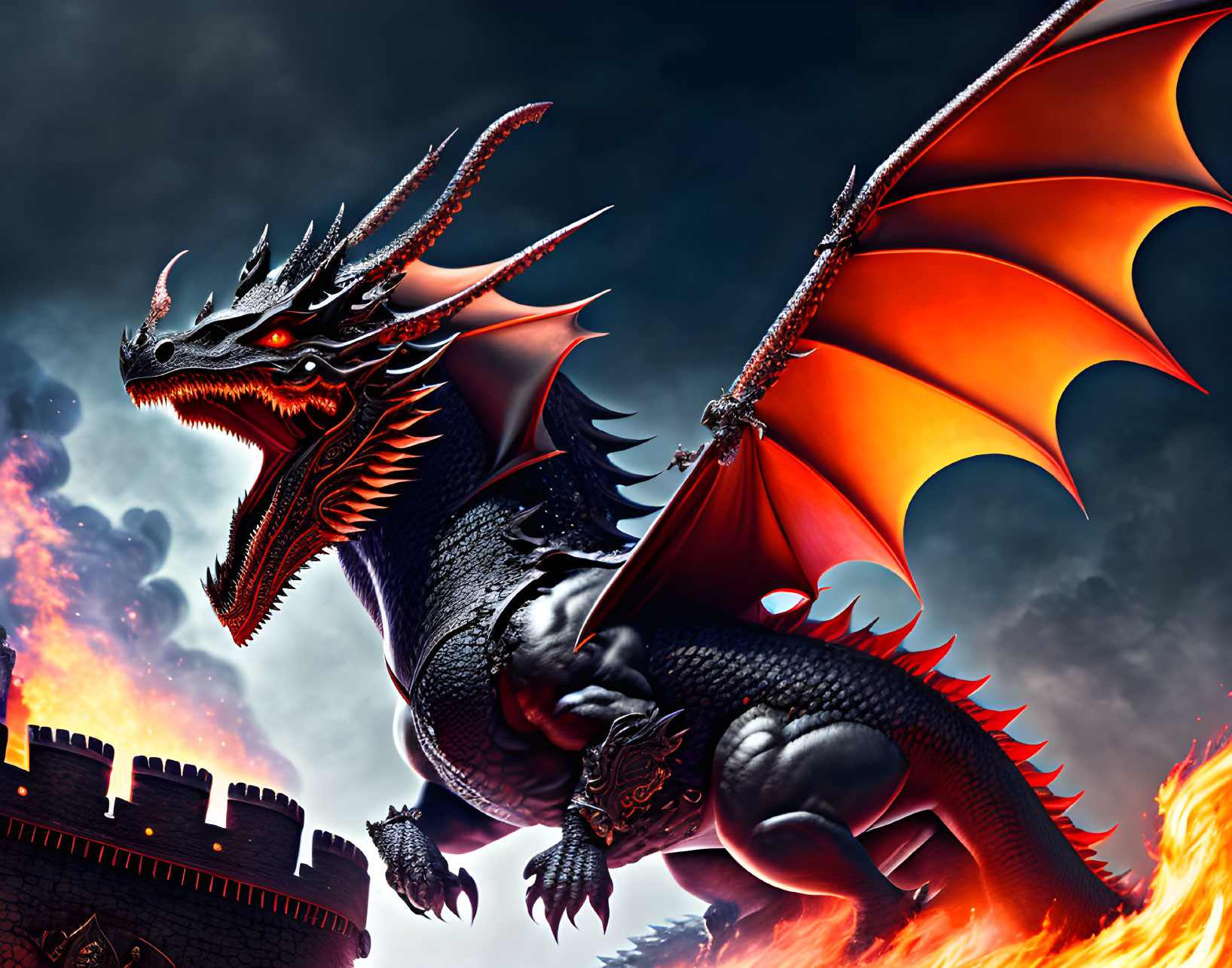 Black and red dragon on castle with spread wings and fire breath