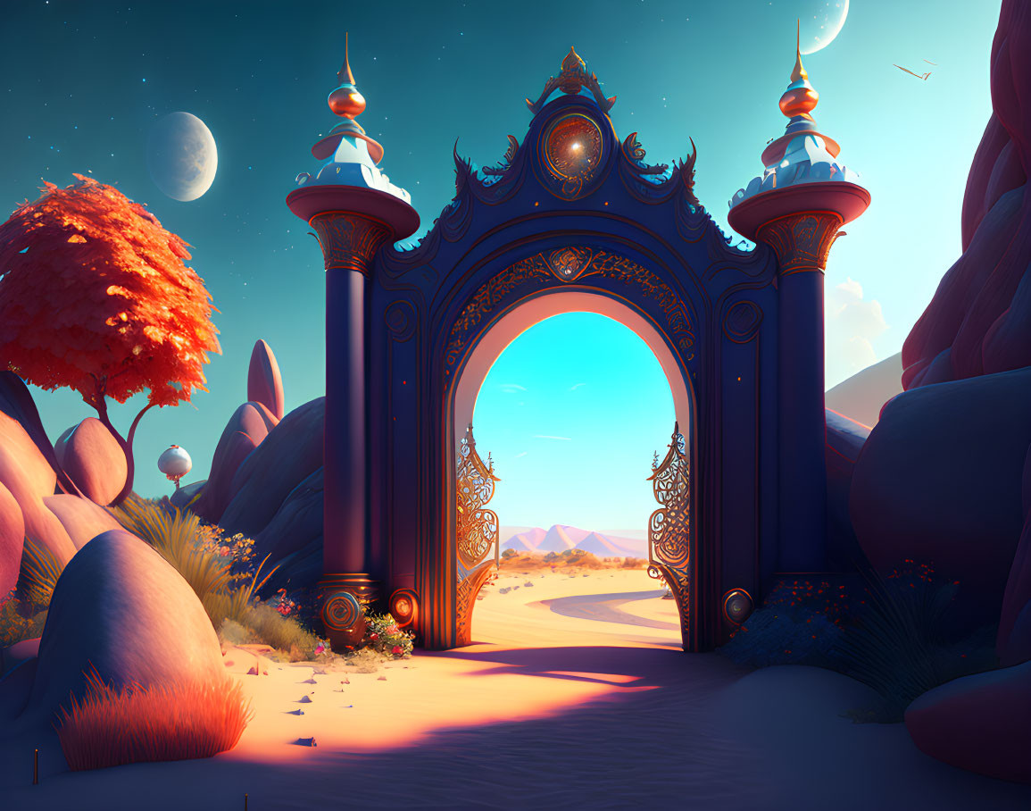 Fantasy gate under blue sky with planets, desert path, rocks, and orange tree.