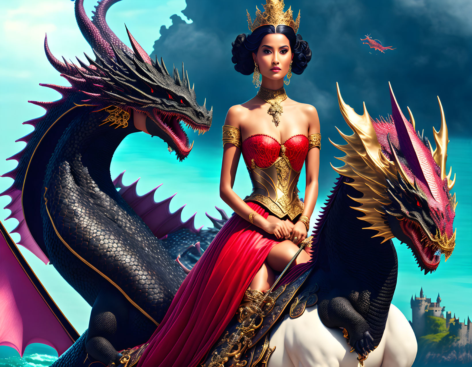 Regal woman in red and gold dress with crown, flanked by black dragons, bright skies,