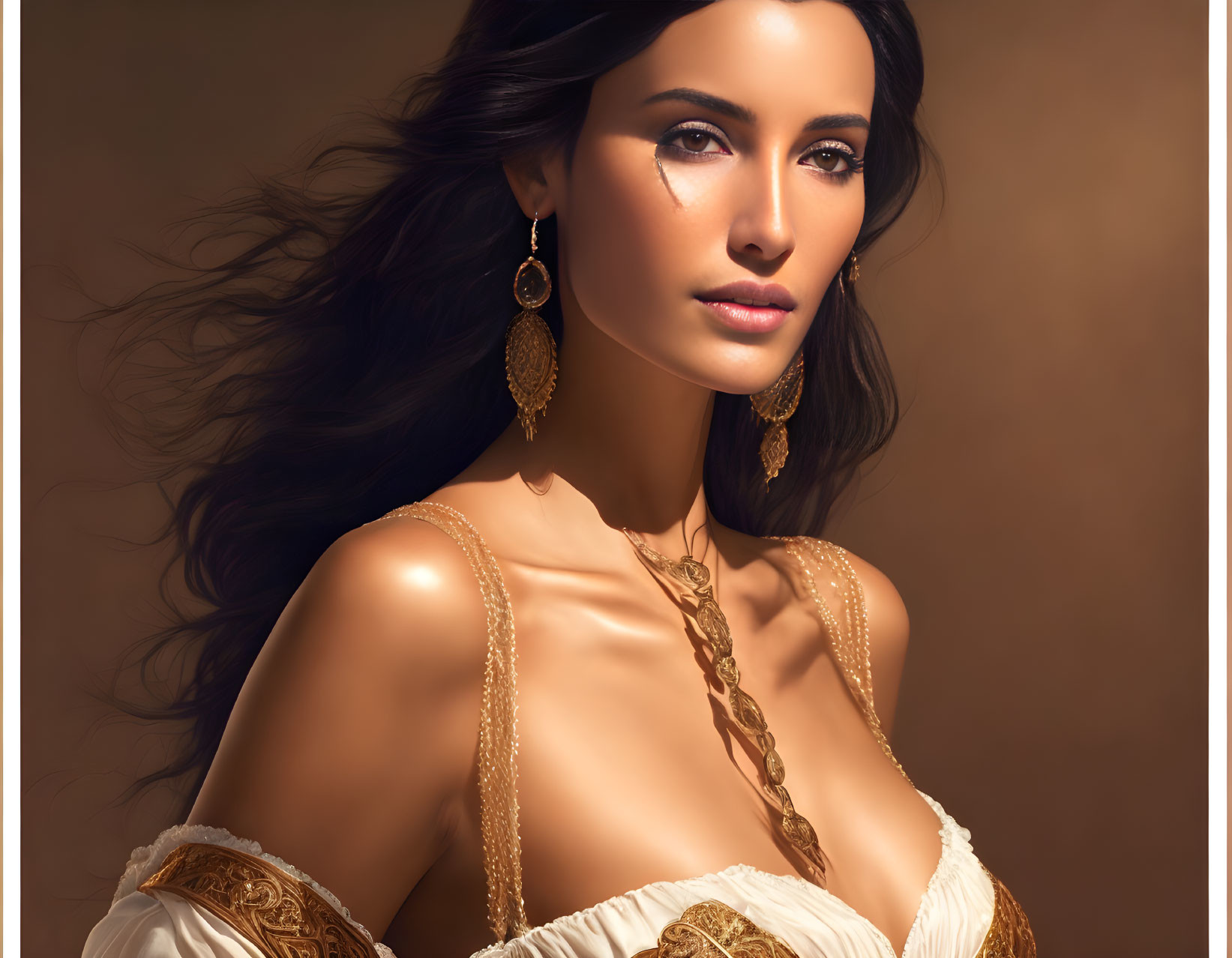 Dark-haired woman in white dress with golden jewelry on warm background