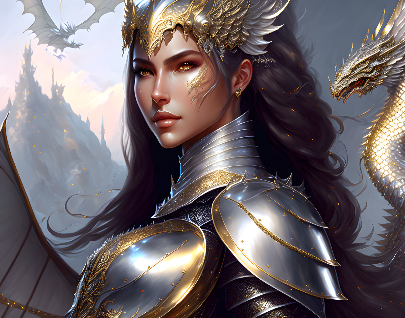 Fantasy illustration of woman in ornate armor with dragon in mystical mountain scene