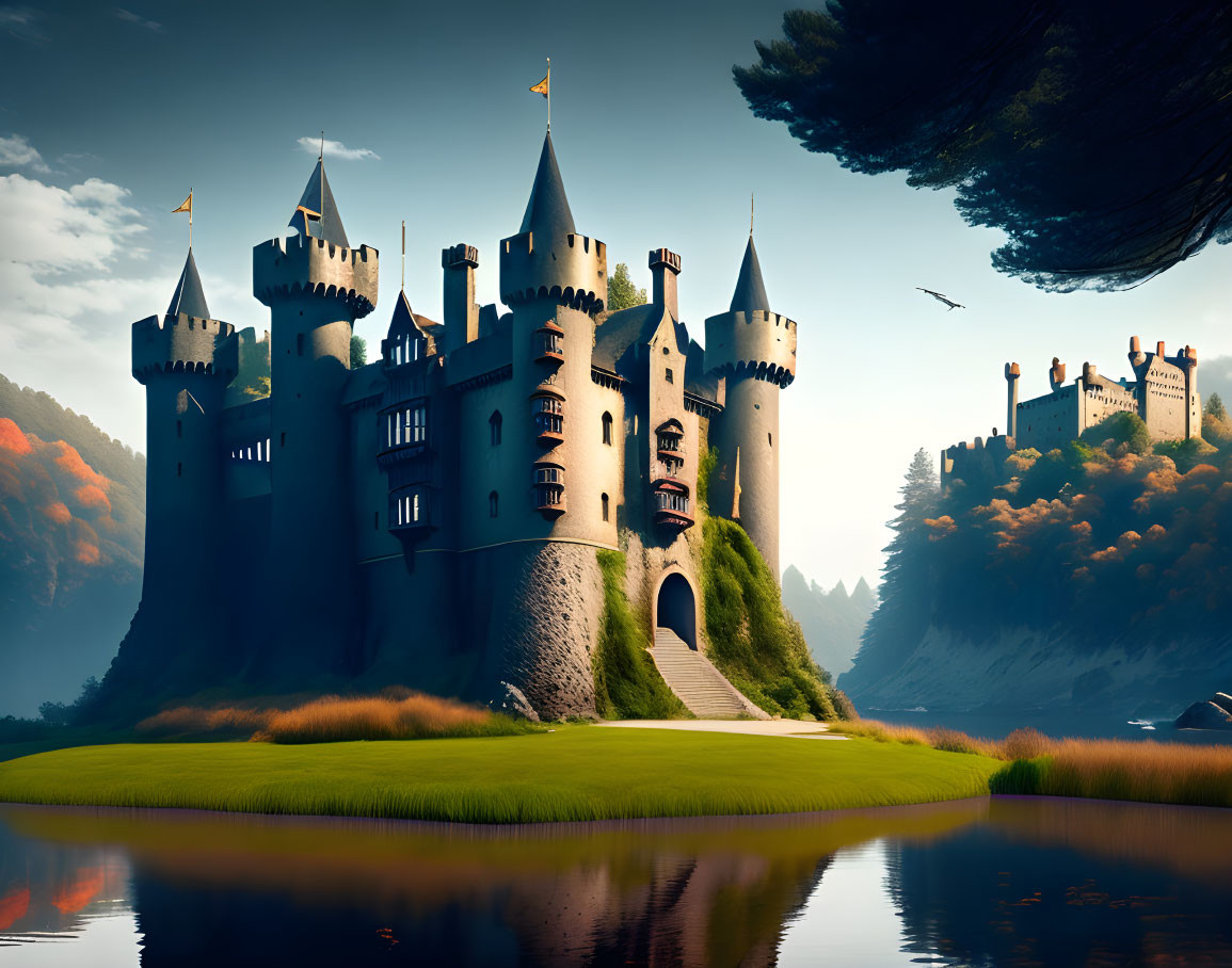 Enchanting fairy-tale castle in autumnal forest by tranquil lake