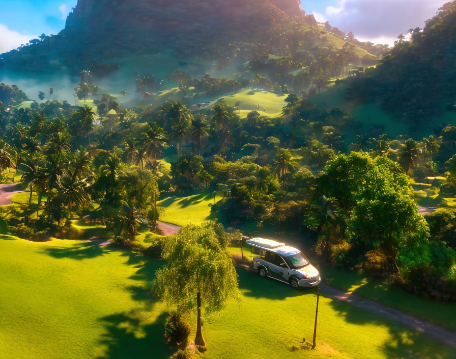 Van driving through lush green landscape with tropical trees and misty mountains under morning sun