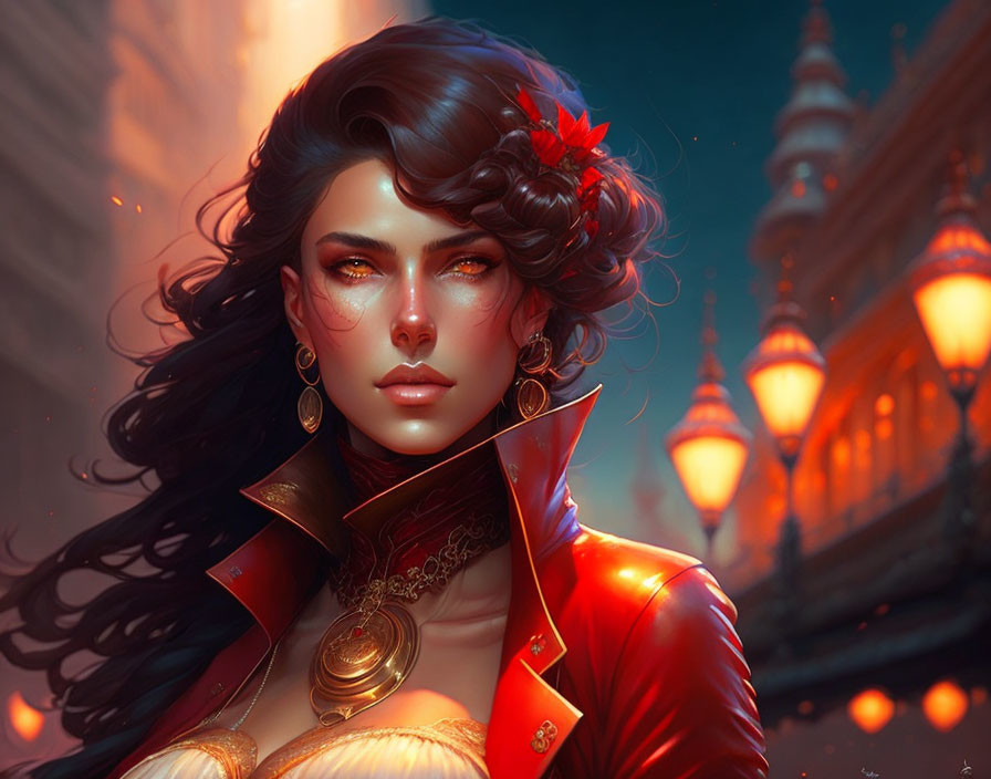 Digital artwork: Woman with dark wavy hair, red eyes, red outfit with gold accents, set