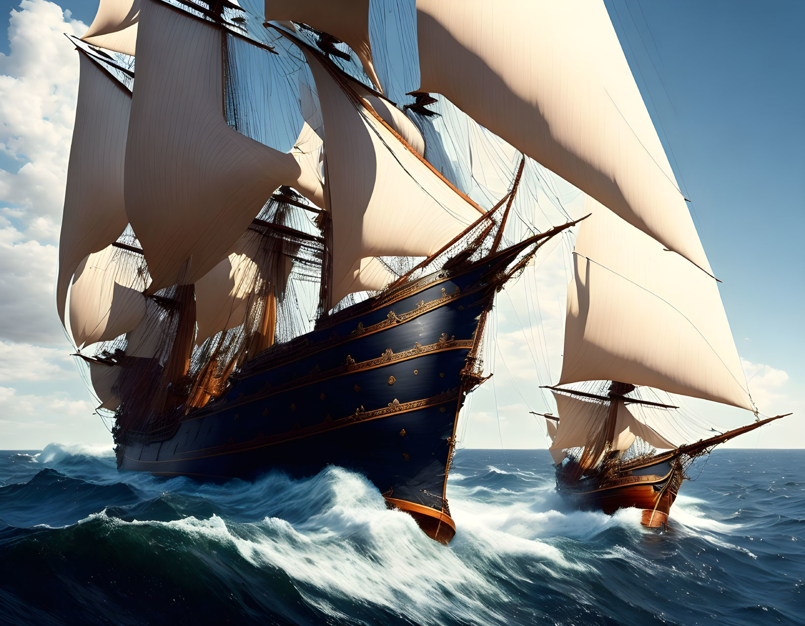 Majestic tall ships with full sails on choppy sea